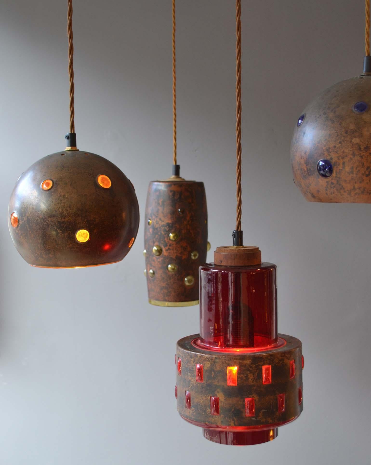 Pair of Copper and Blue Glass Pendant Lamps by Nanny Still for RAAK 1
