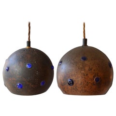 Pair of Copper and Blue Glass Pendant Lamps by Nanny Still for RAAK