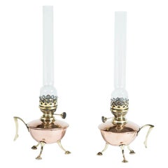 Antique Pair of Copper and Brass Chamber Oil Lamps, circa 1880