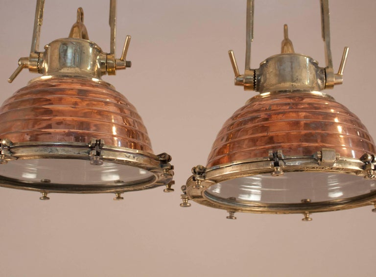 Pair of Copper and Brass Nautical Pendant Lights at 1stDibs