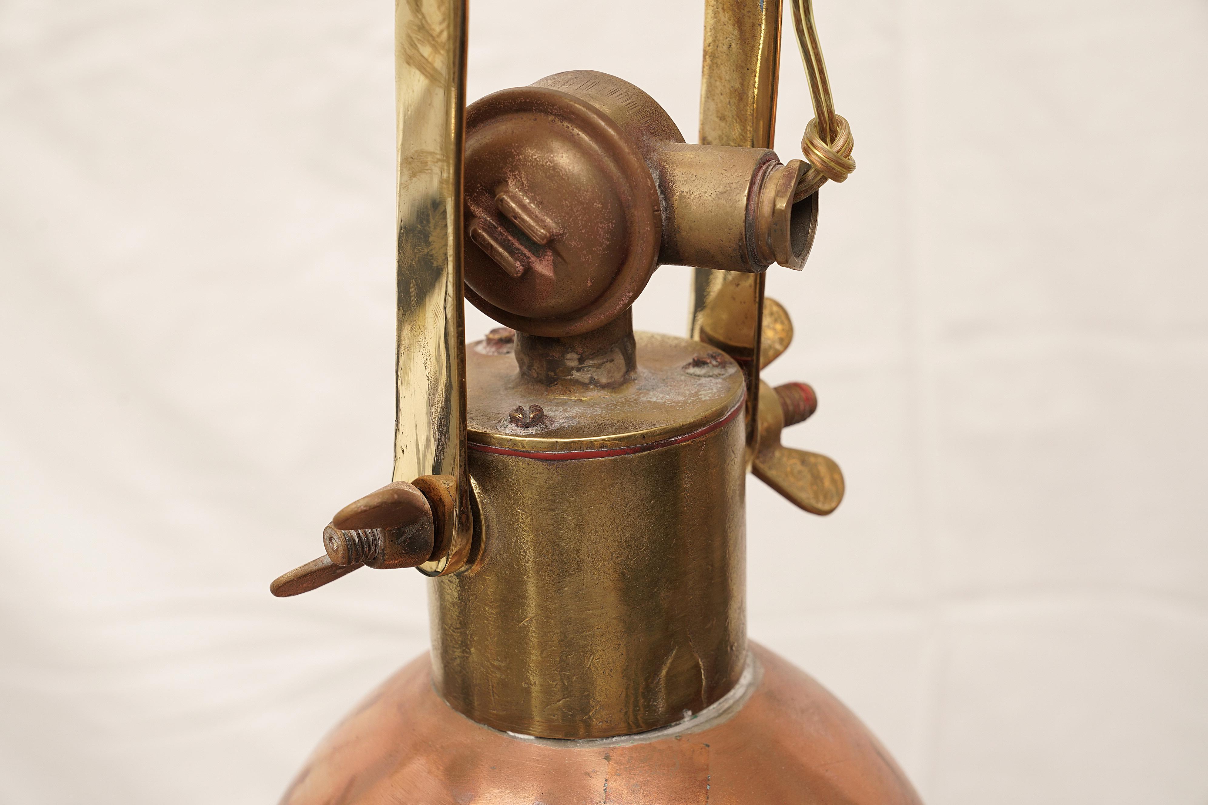 Industrial Pair of Nautical Copper and Brass Pendant Ship's Deck Lights, 1970s