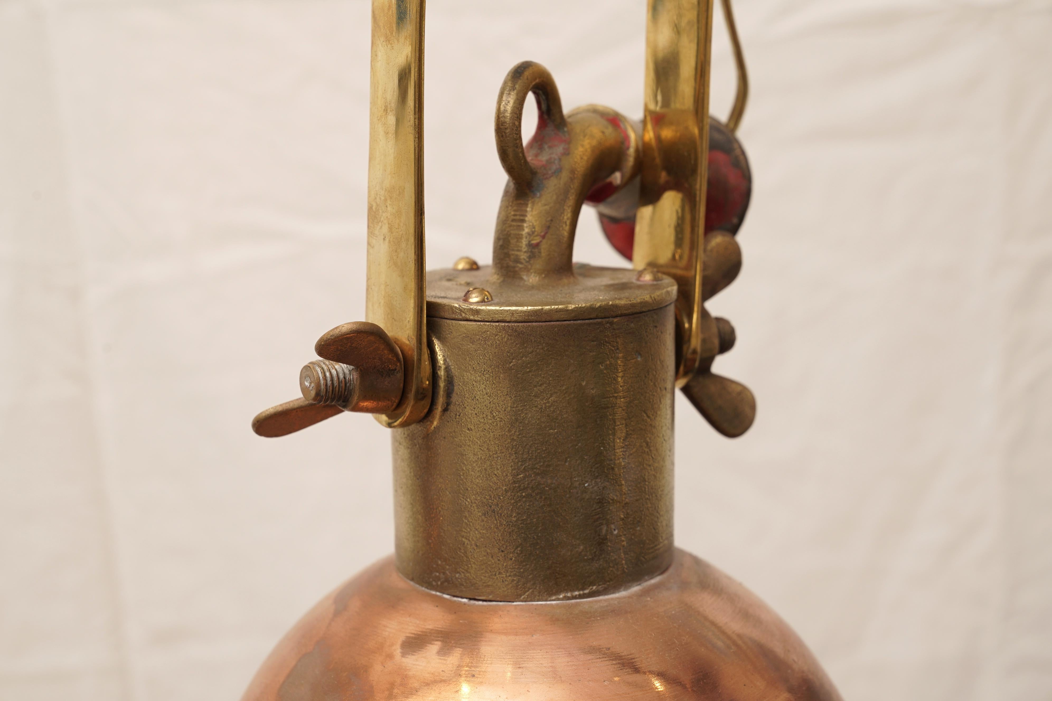 Pair of Nautical Copper and Brass Pendant Ship's Deck Lights, 1970s In Good Condition In Nantucket, MA