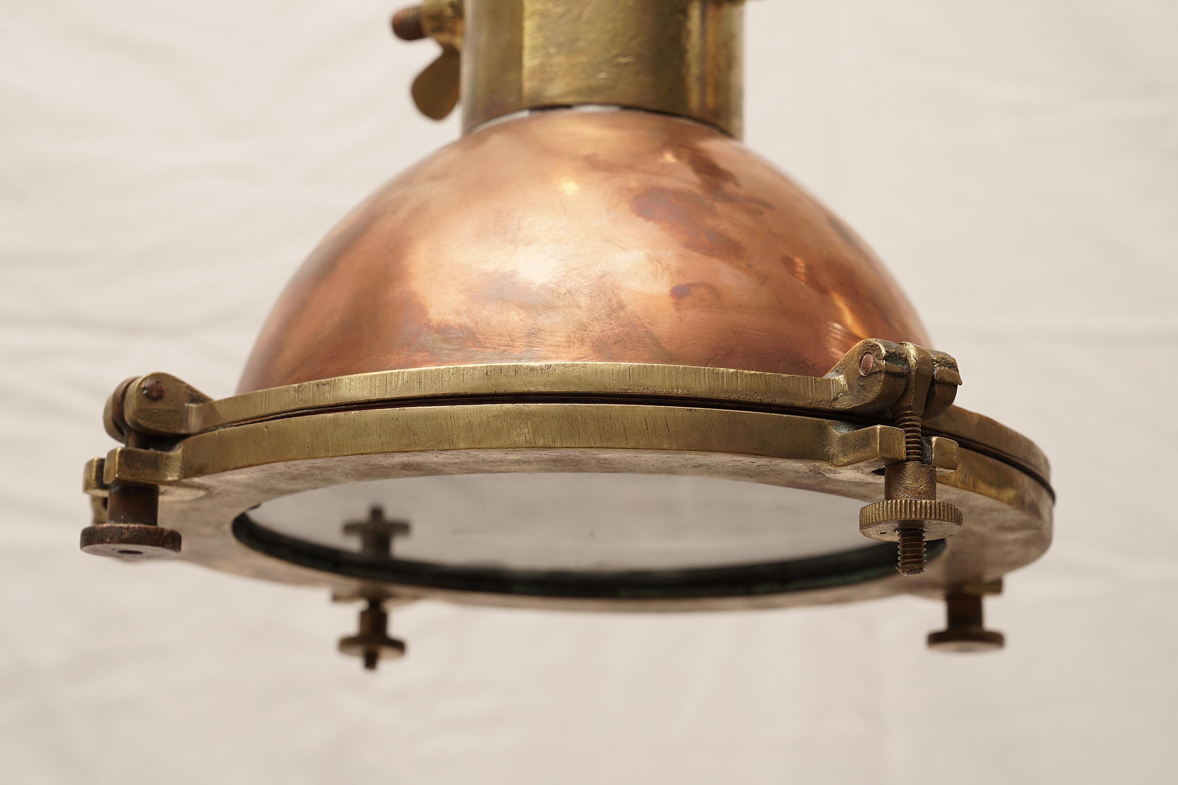 Pair of Nautical Copper and Brass Pendant Ship's Deck Lights, 1970s 1