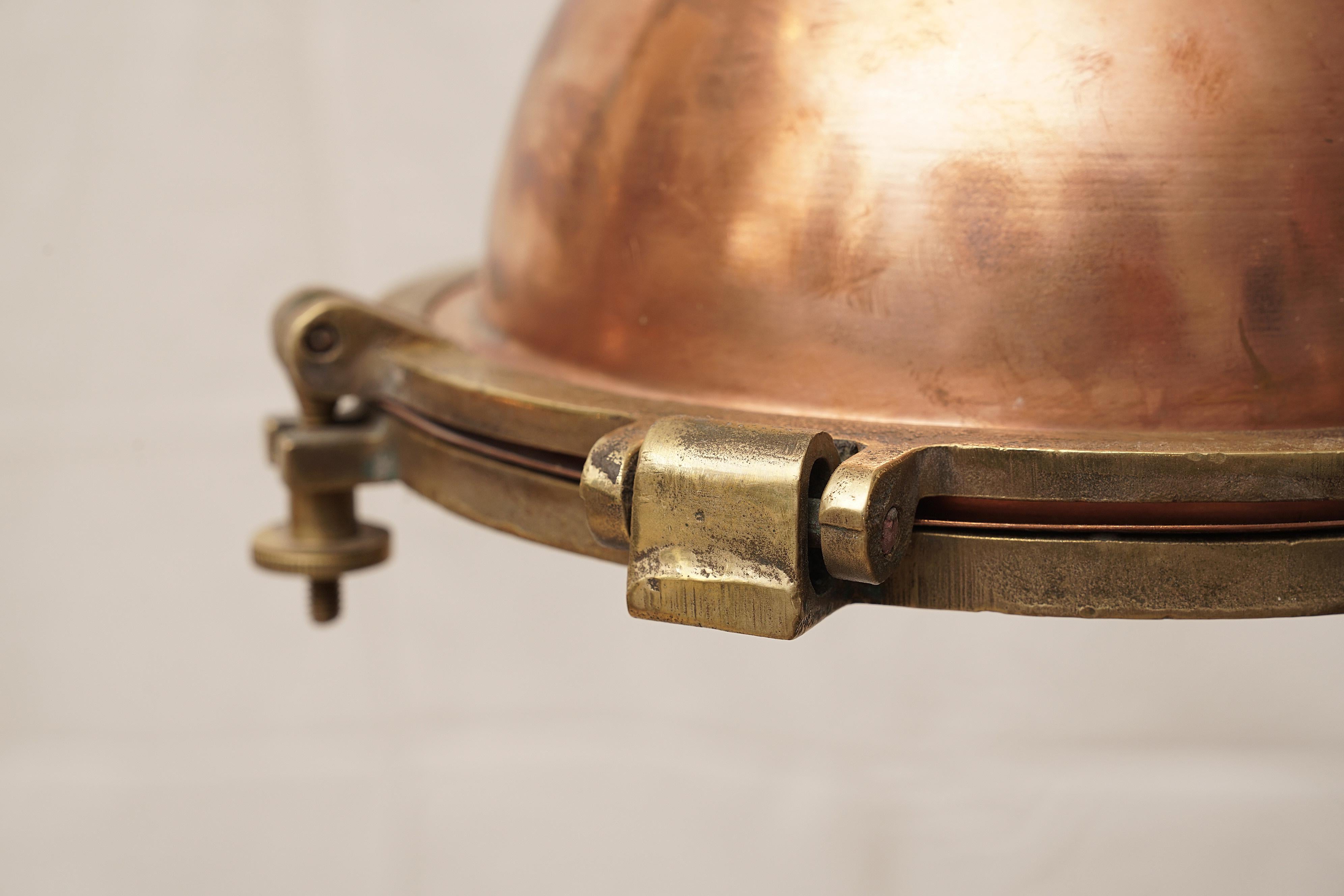 Pair of Nautical Copper and Brass Pendant Ship's Deck Lights, 1970s 2