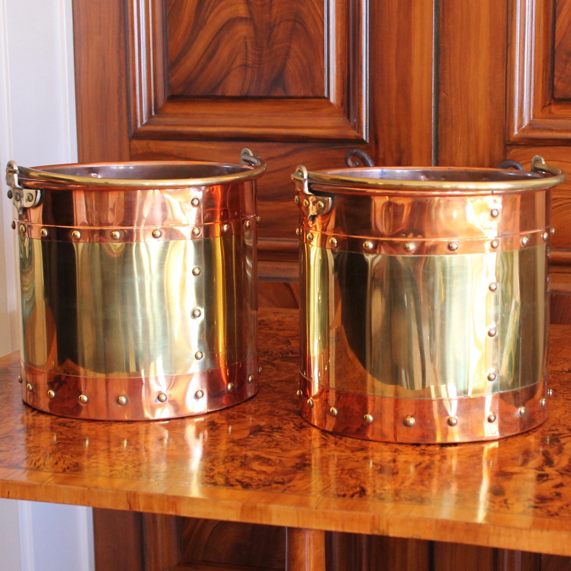 Pair of Copper and Brass Studded Kindling Buckets For Sale 1
