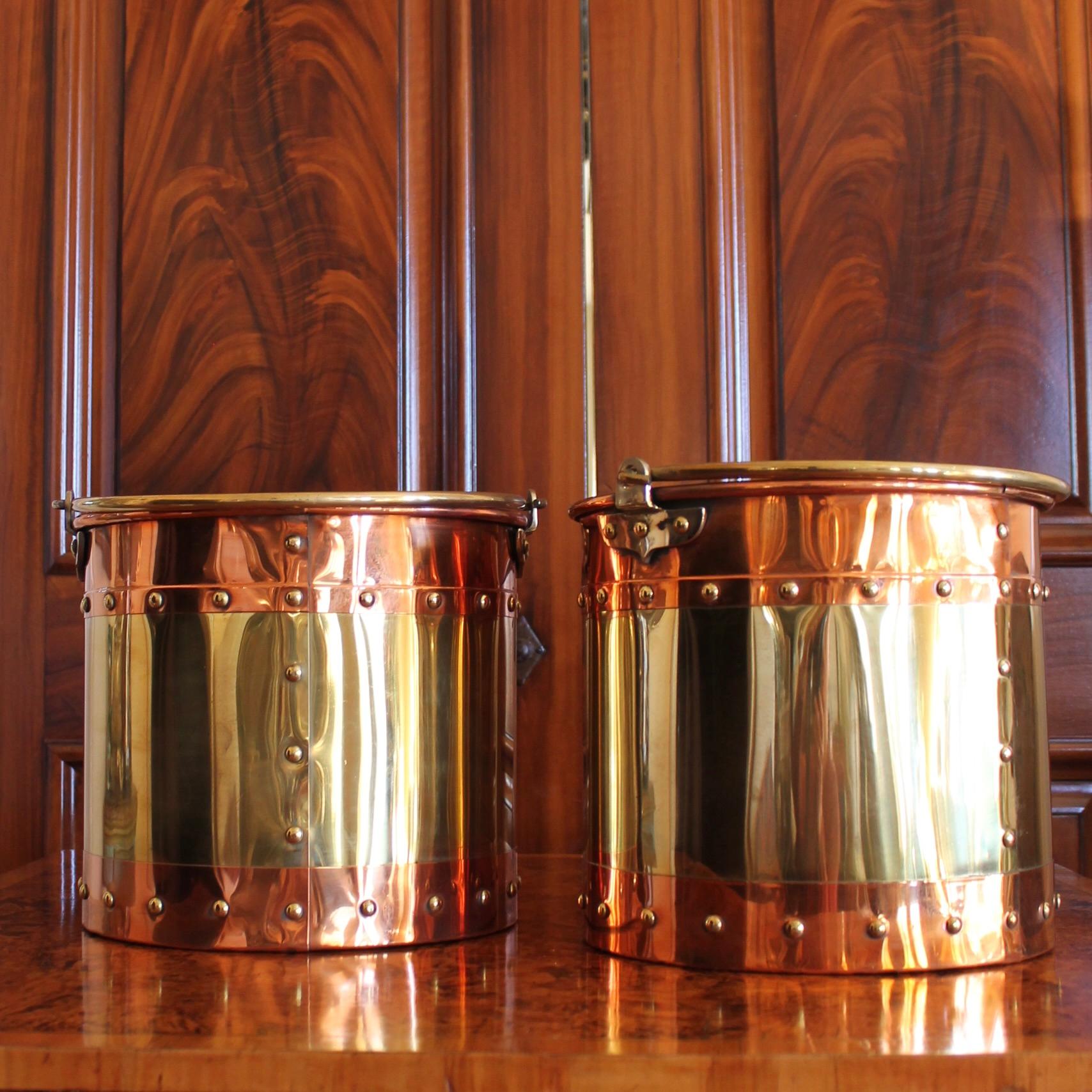 Pair of Copper and Brass Studded Kindling Buckets For Sale 2