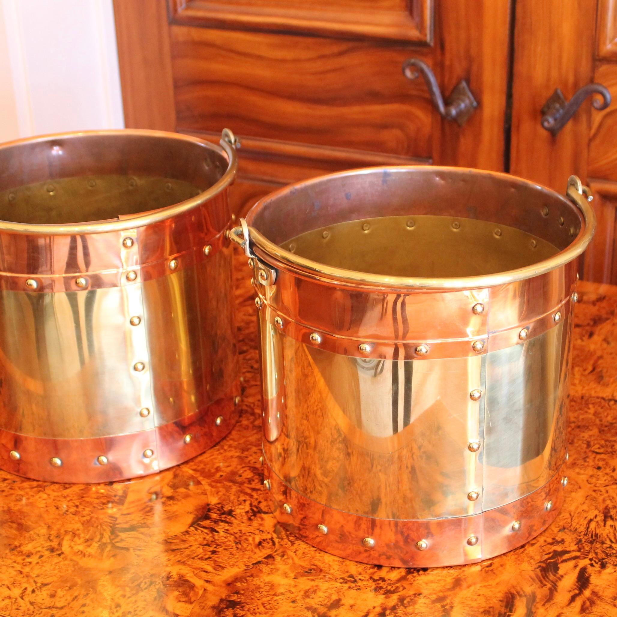 Pair of Copper and Brass Studded Kindling Buckets For Sale 3