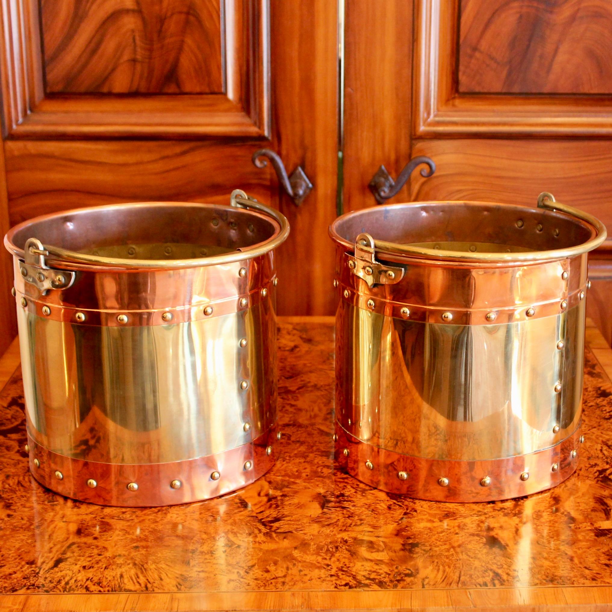 Metalwork Pair of Copper and Brass Studded Kindling Buckets For Sale