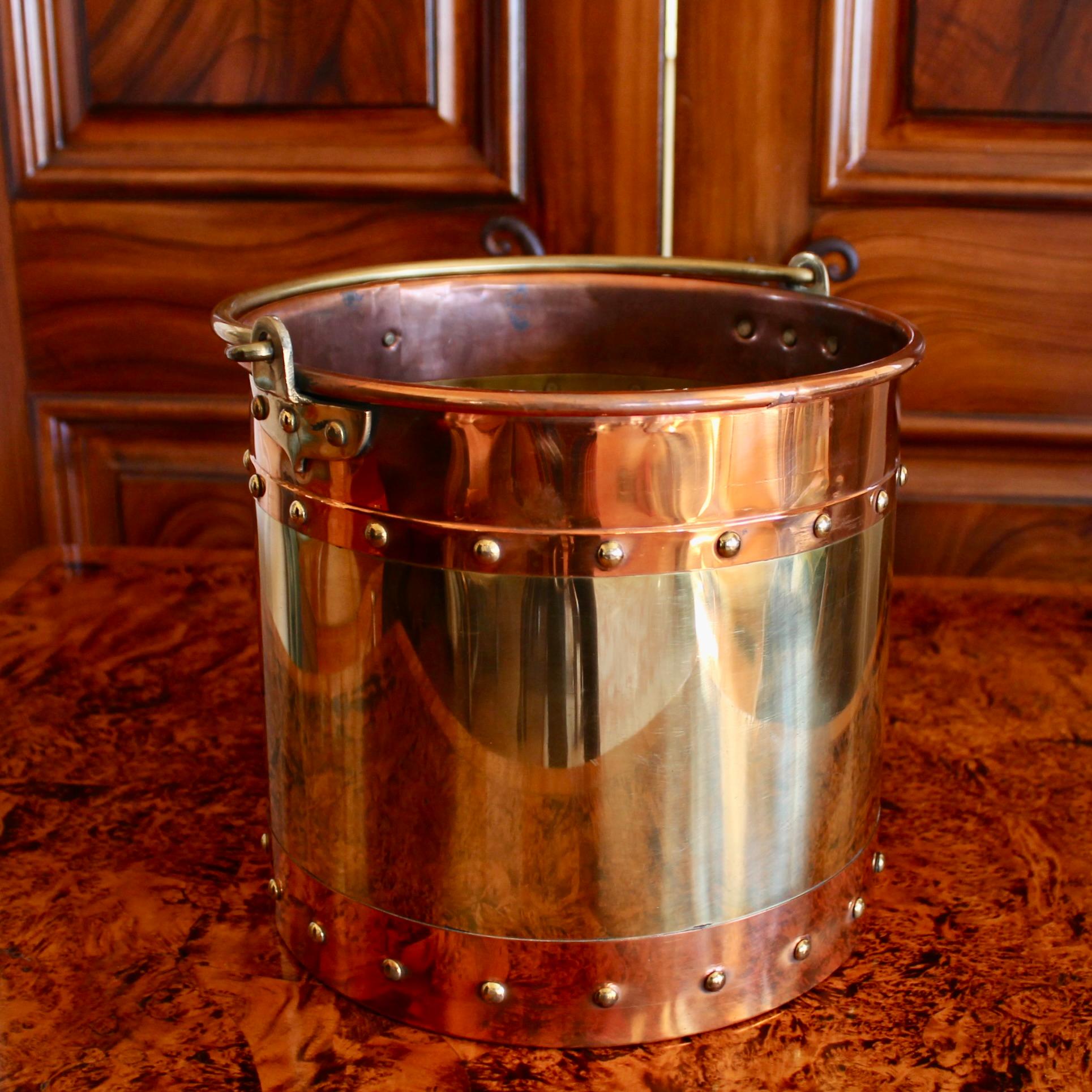 Pair of Copper and Brass Studded Kindling Buckets In Good Condition For Sale In Free Union, VA
