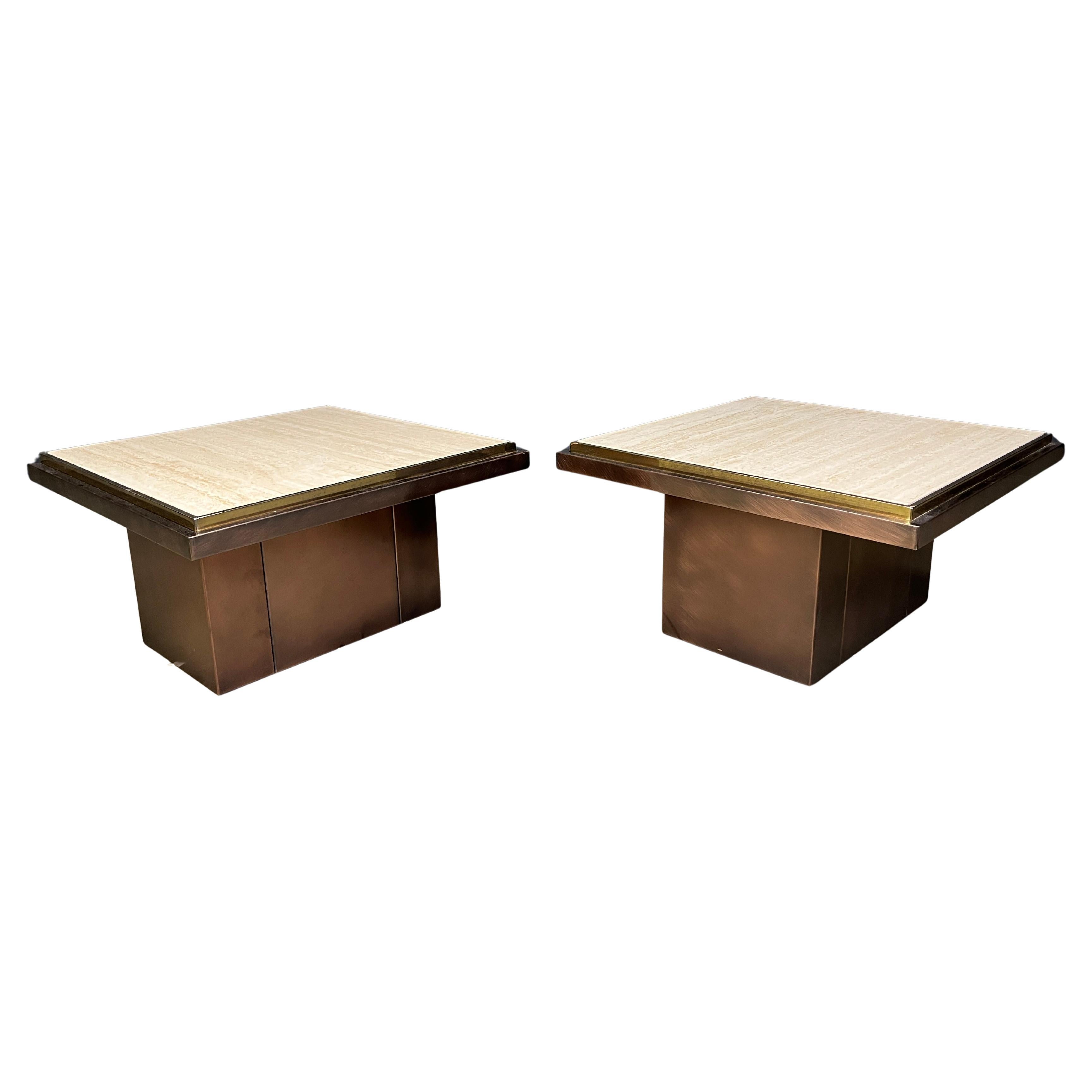 Paar Couchtische aus Kupfer und Travertin von Belgochrom, 1970er Jahre im Angebot