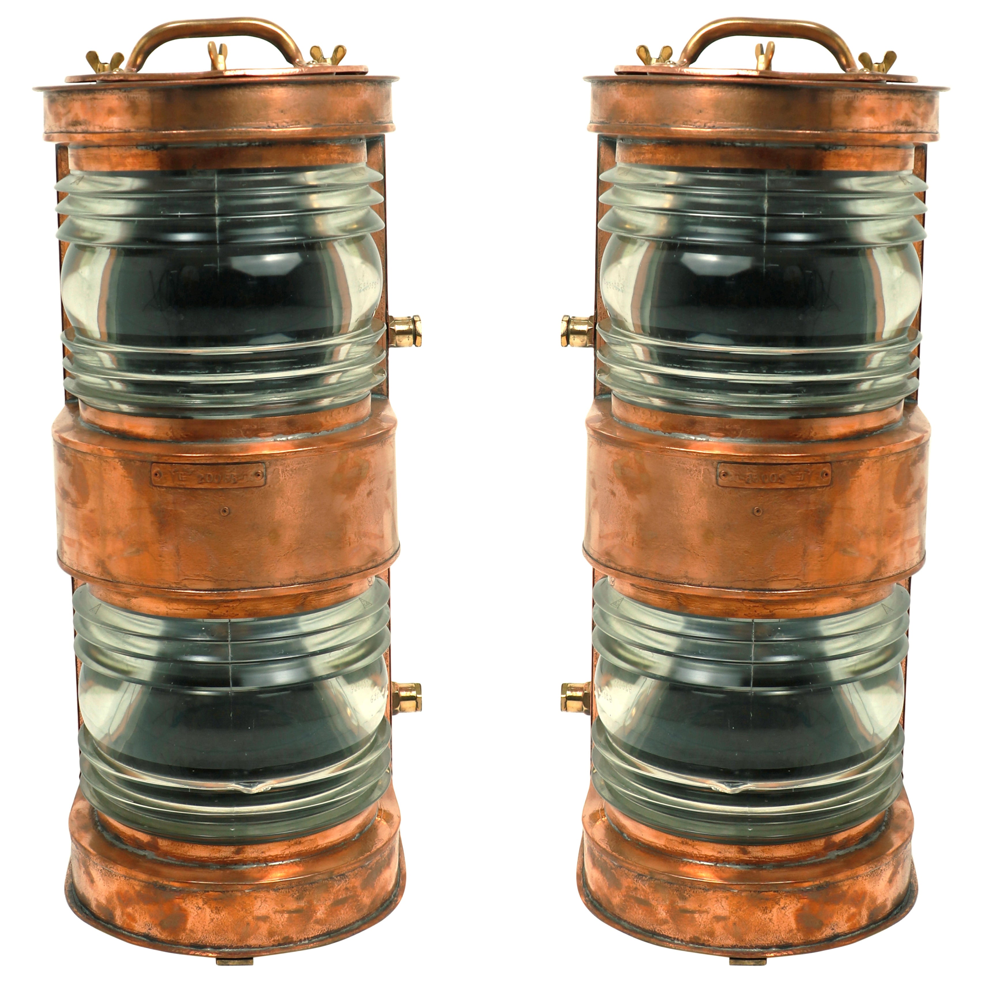 Pareja de Luces de Faro de Cobre con Lente de Fresnel en venta