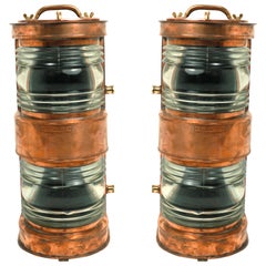 Paire de lampes de balise en cuivre avec lentille de Fresnel
