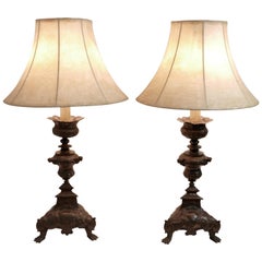 Pair of Copper Candle Pricket Lamps, French 19th Century