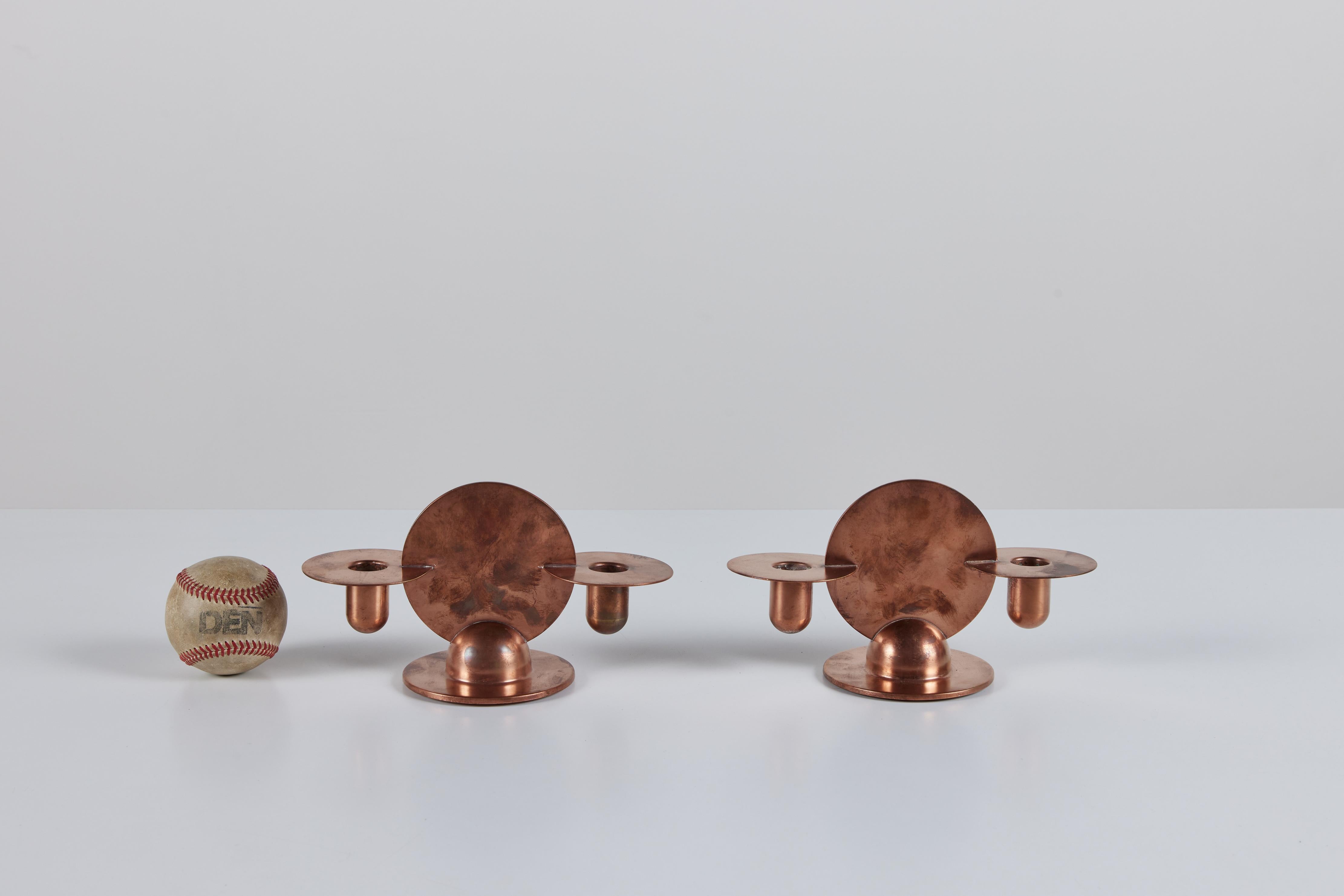 Pair of Copper Candlestick Holders by Walter von Nessen for Chase In Good Condition For Sale In Los Angeles, CA