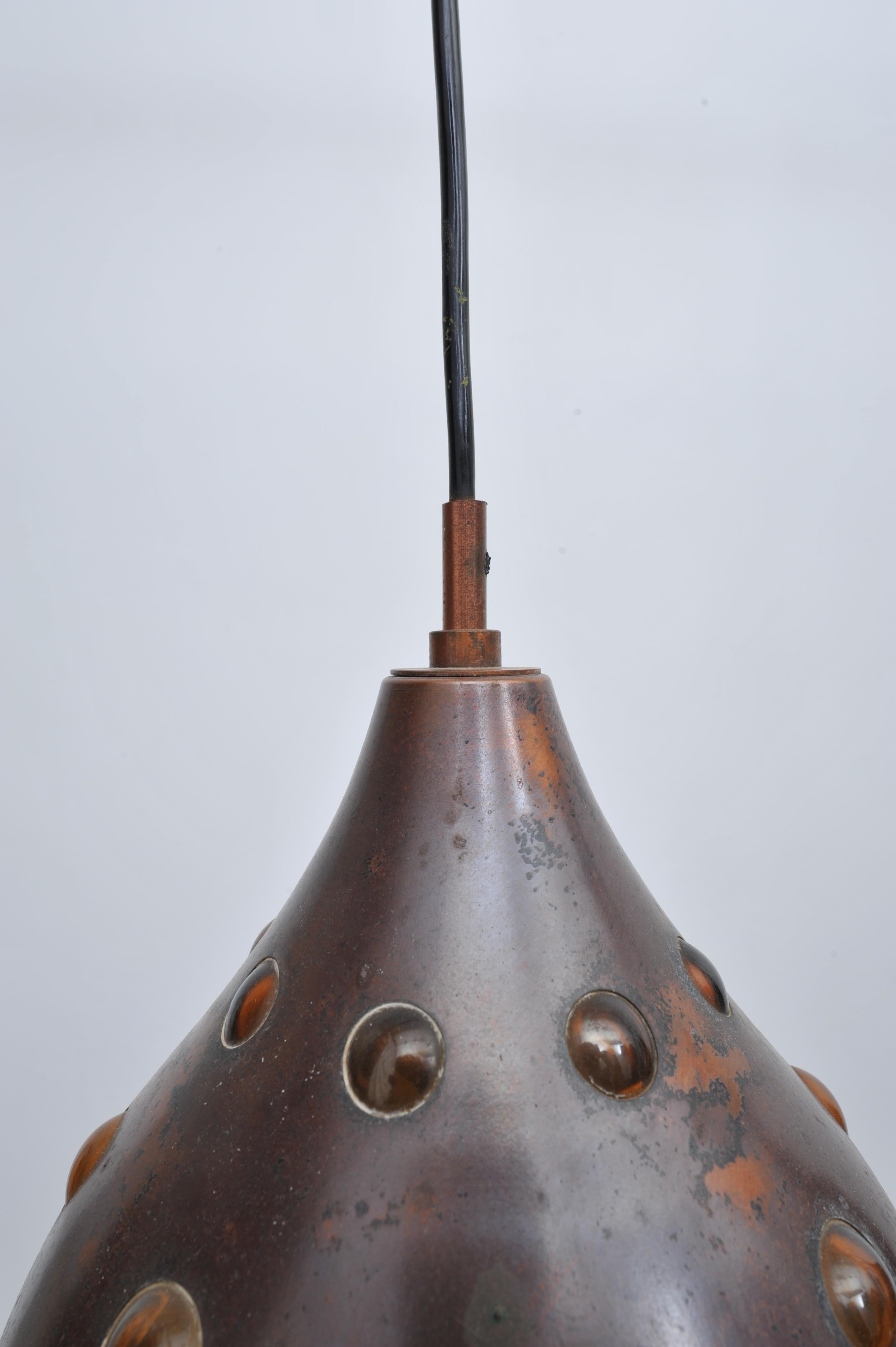 European Pair of Copper Ceiling Lights with Colored Glass (1960s) For Sale
