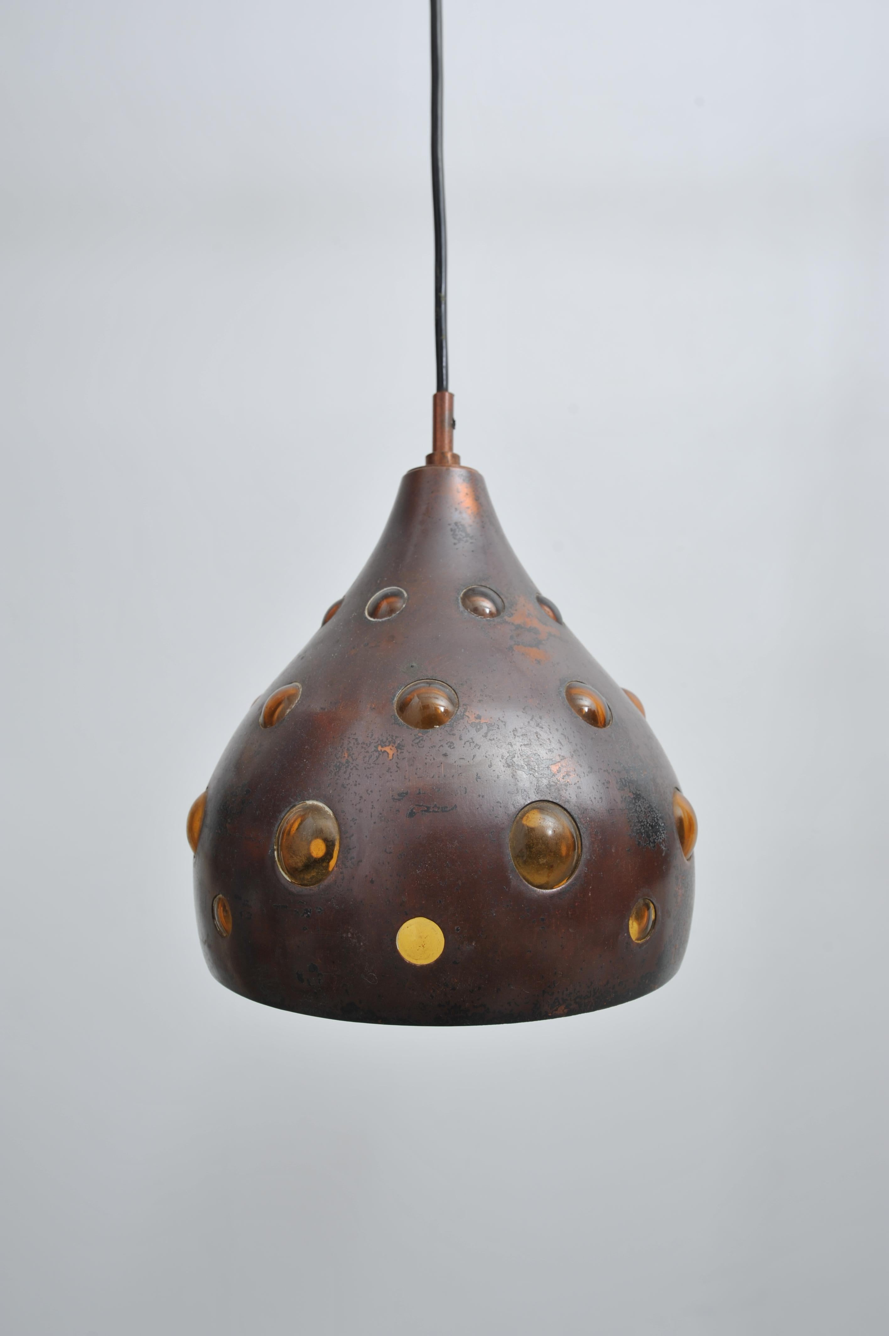 Mid-20th Century Pair of Copper Ceiling Lights with Colored Glass (1960s) For Sale