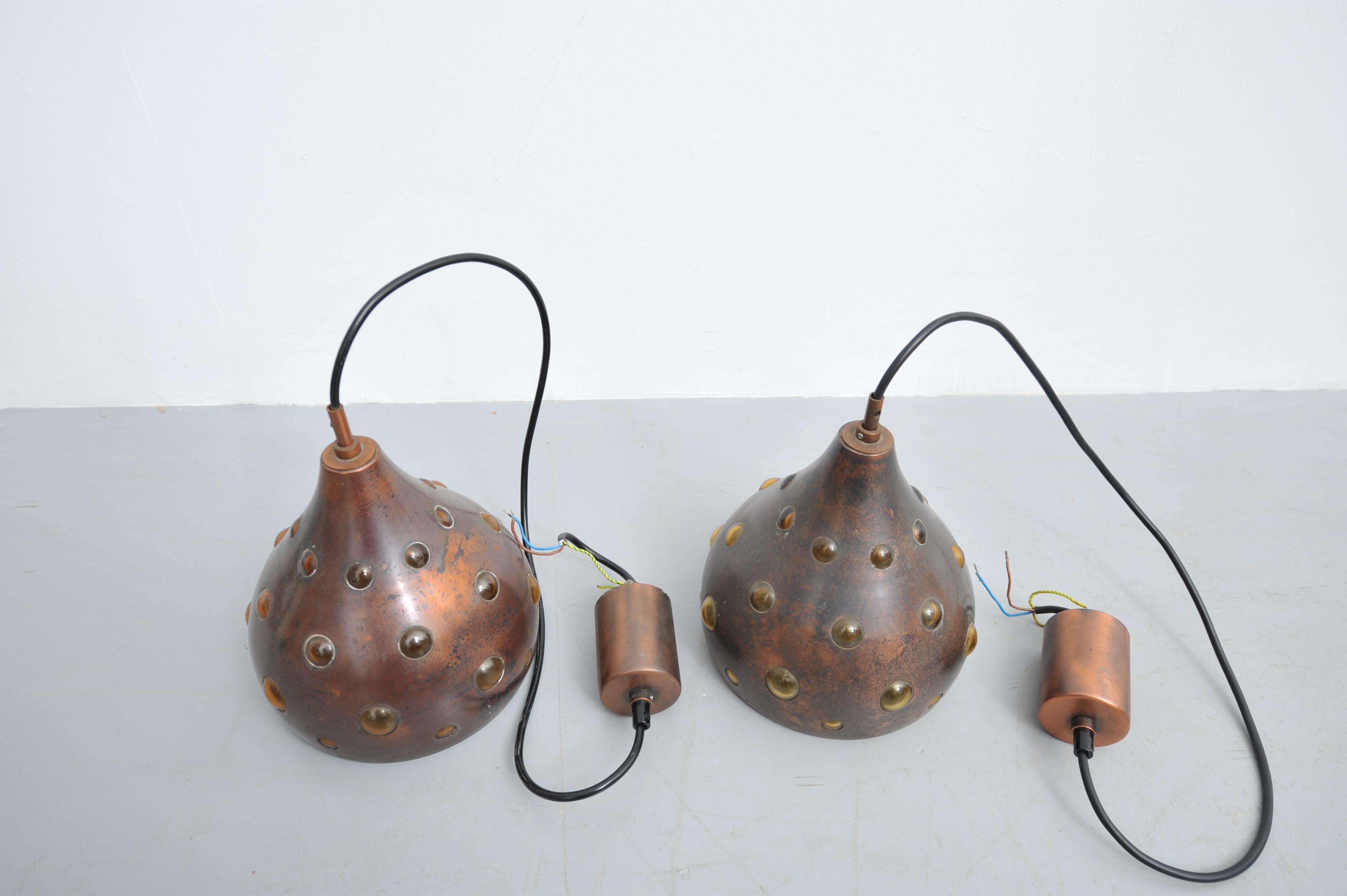 Pair of Copper Ceiling Lights with Colored Glass (1960s) For Sale 1