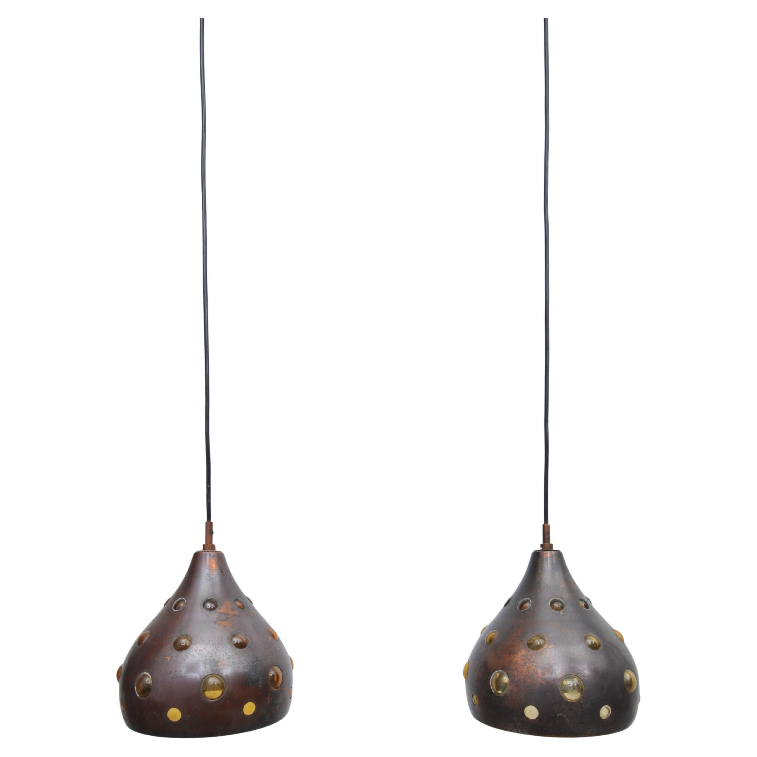 Pair of Copper Ceiling Lights with Colored Glass (1960s) For Sale