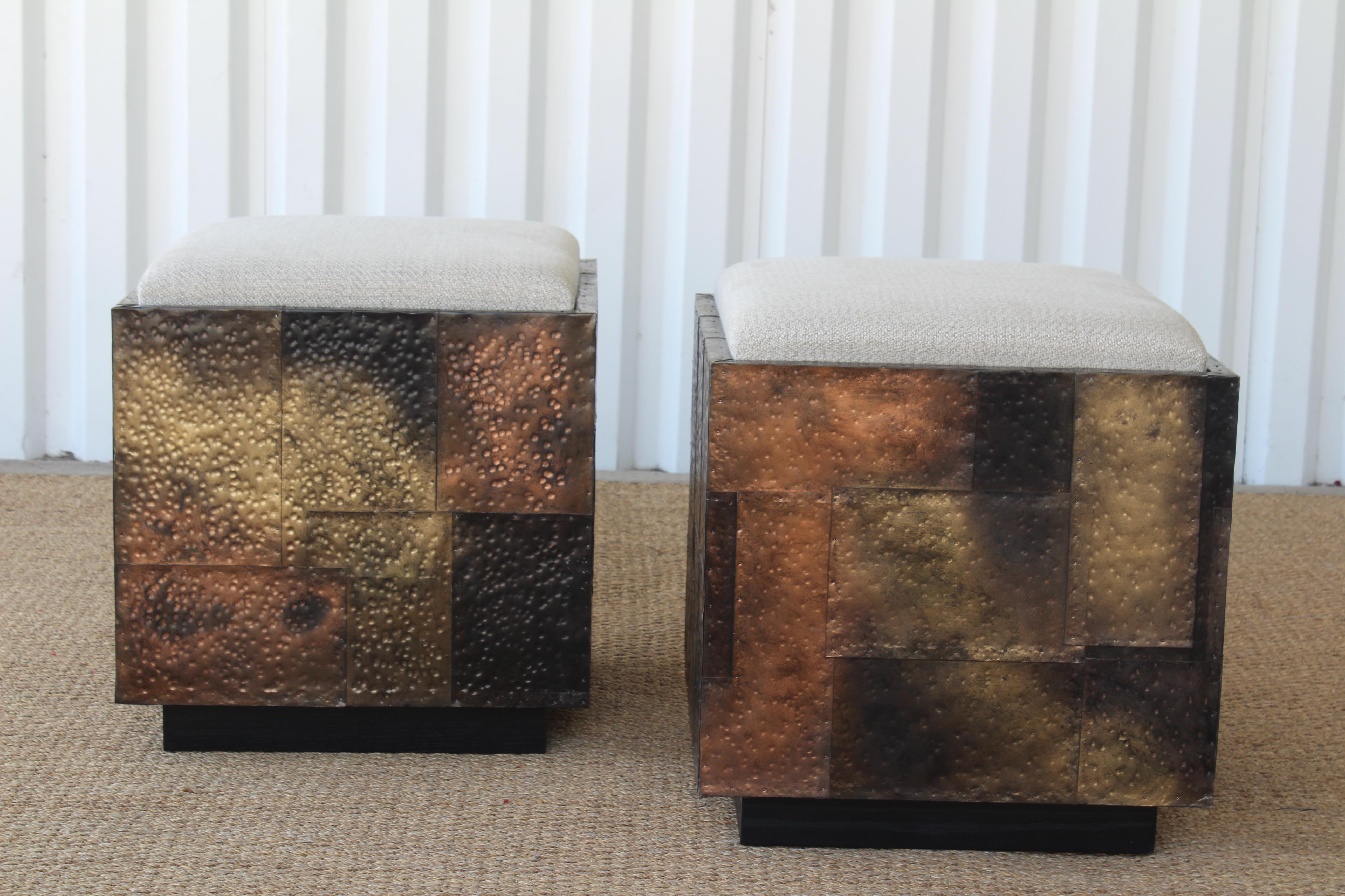 Metal Pair of Copper Clad Stools in the Style of Paul Evans, USA, 1970s