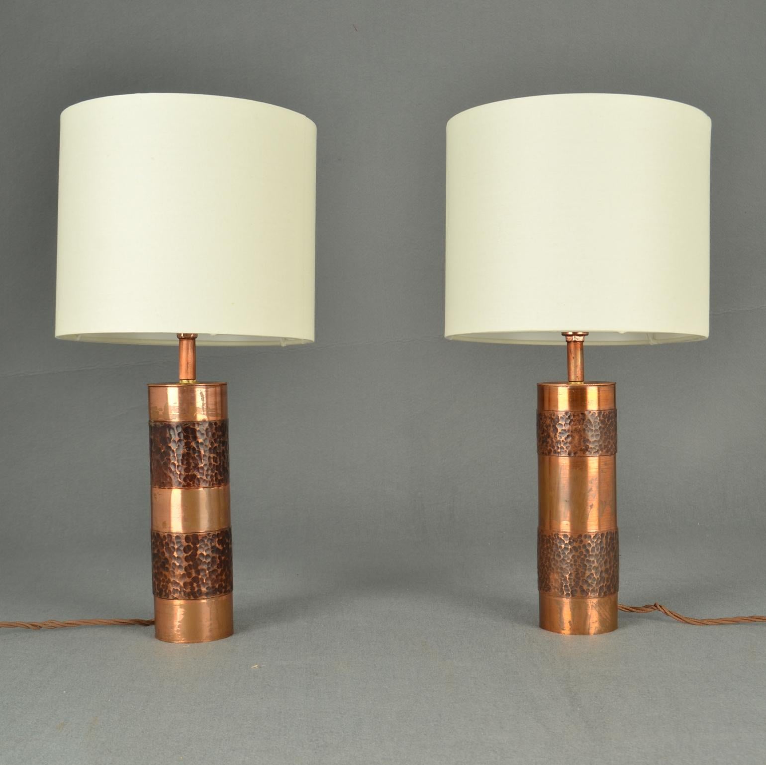 German Pair of Hand Beaten Copper Cylinder Table Lamps For Sale