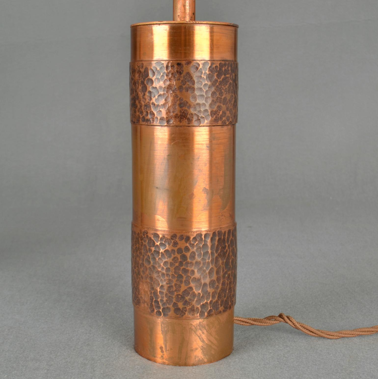 Late 20th Century Pair of Hand Beaten Copper Cylinder Table Lamps For Sale