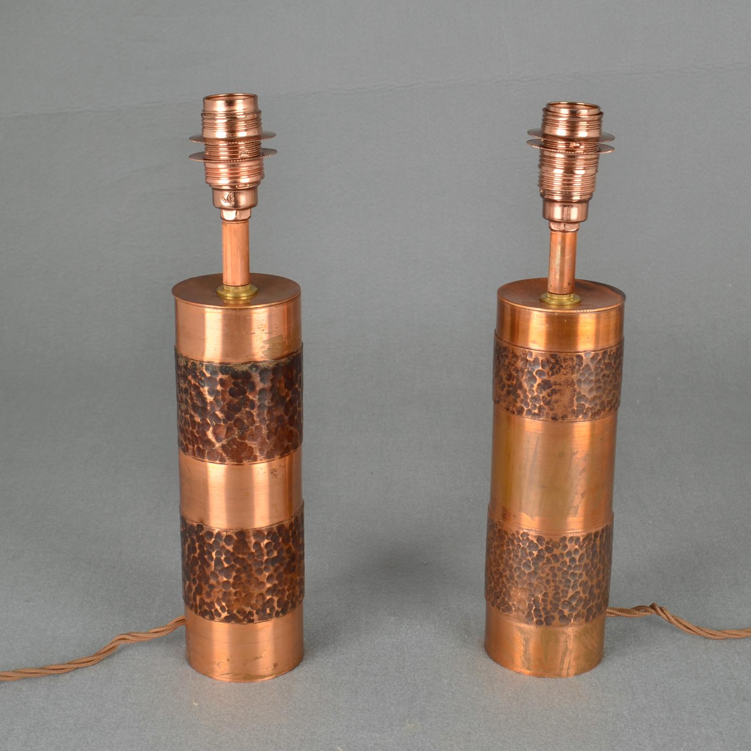 Pair of Hand Beaten Copper Cylinder Table Lamps For Sale 1