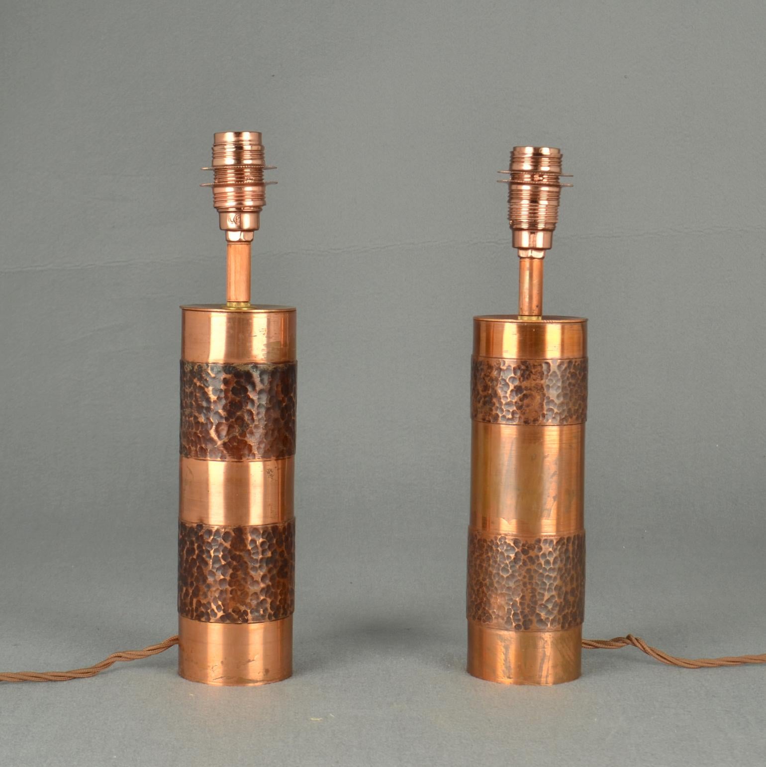 Pair of Hand Beaten Copper Cylinder Table Lamps For Sale 2