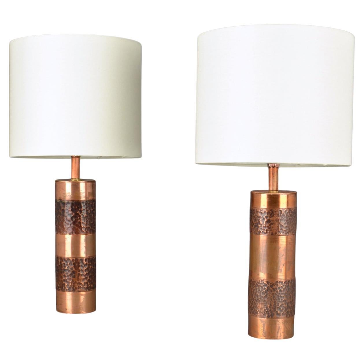 Pair of Hand Beaten Copper Cylinder Table Lamps For Sale