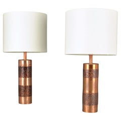 Vintage Pair of Hand Beaten Copper Cylinder Table Lamps