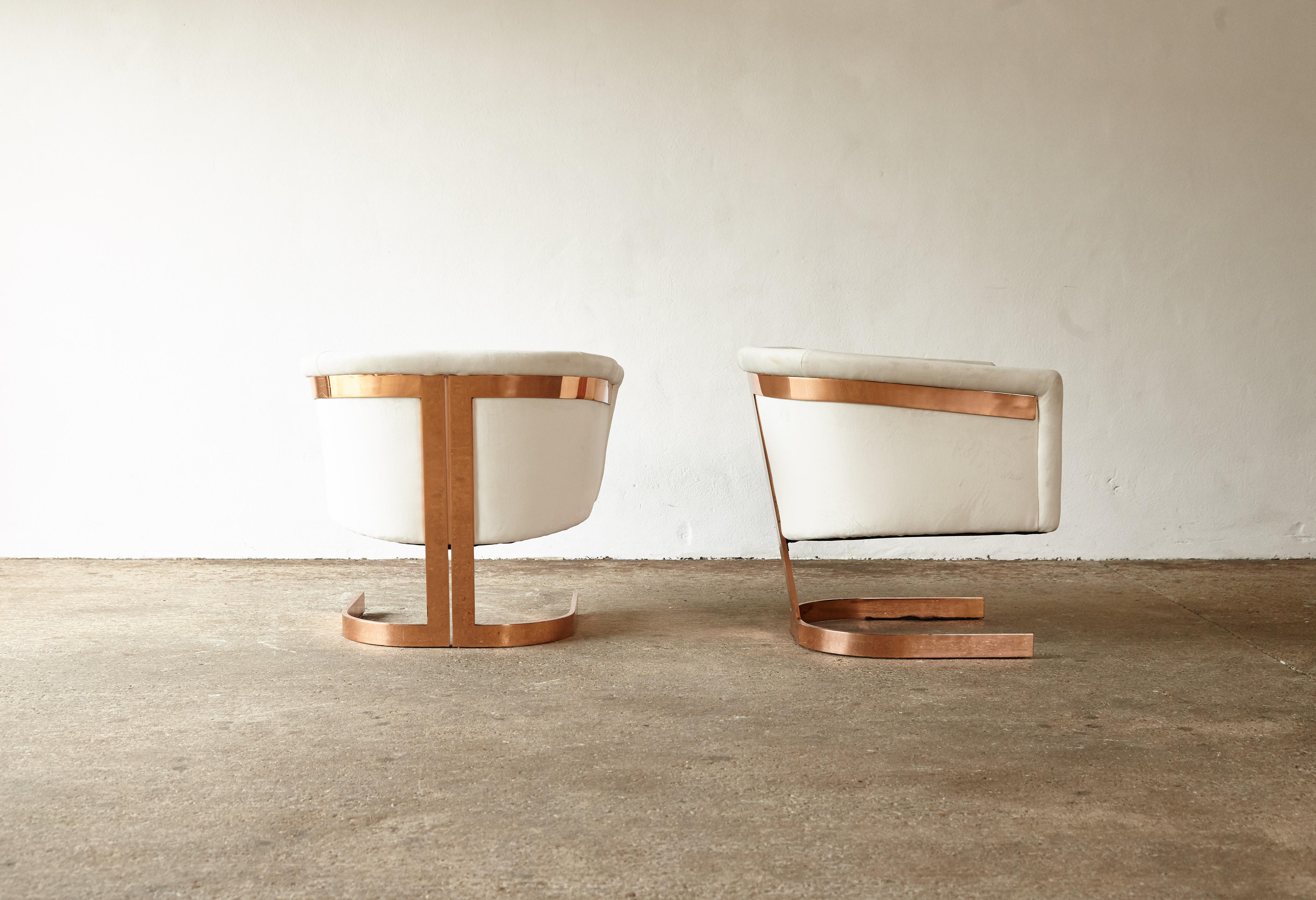Fabric Pair of Copper Framed Cantilevered Chairs, 1970s / Milo Baughman Style, USA