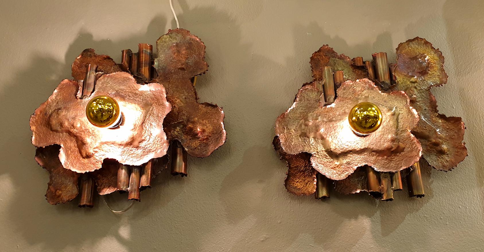 Pair of Mid-Century Modern artisan handmade brass sconces, Italy, 1970s.
Brass Acid treated wall sconces. Brutalist style. One of a kind design.
1 light each, rewired for the US.
Excellent condition.