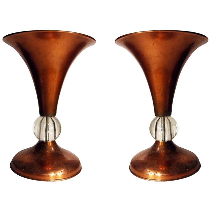 Pair of Copper Midcentury Half Glass Torchiere Table Lamps