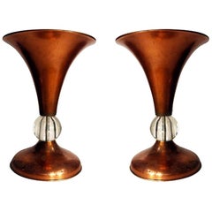 Pair of Copper Midcentury Half Glass Torchiere Table Lamps