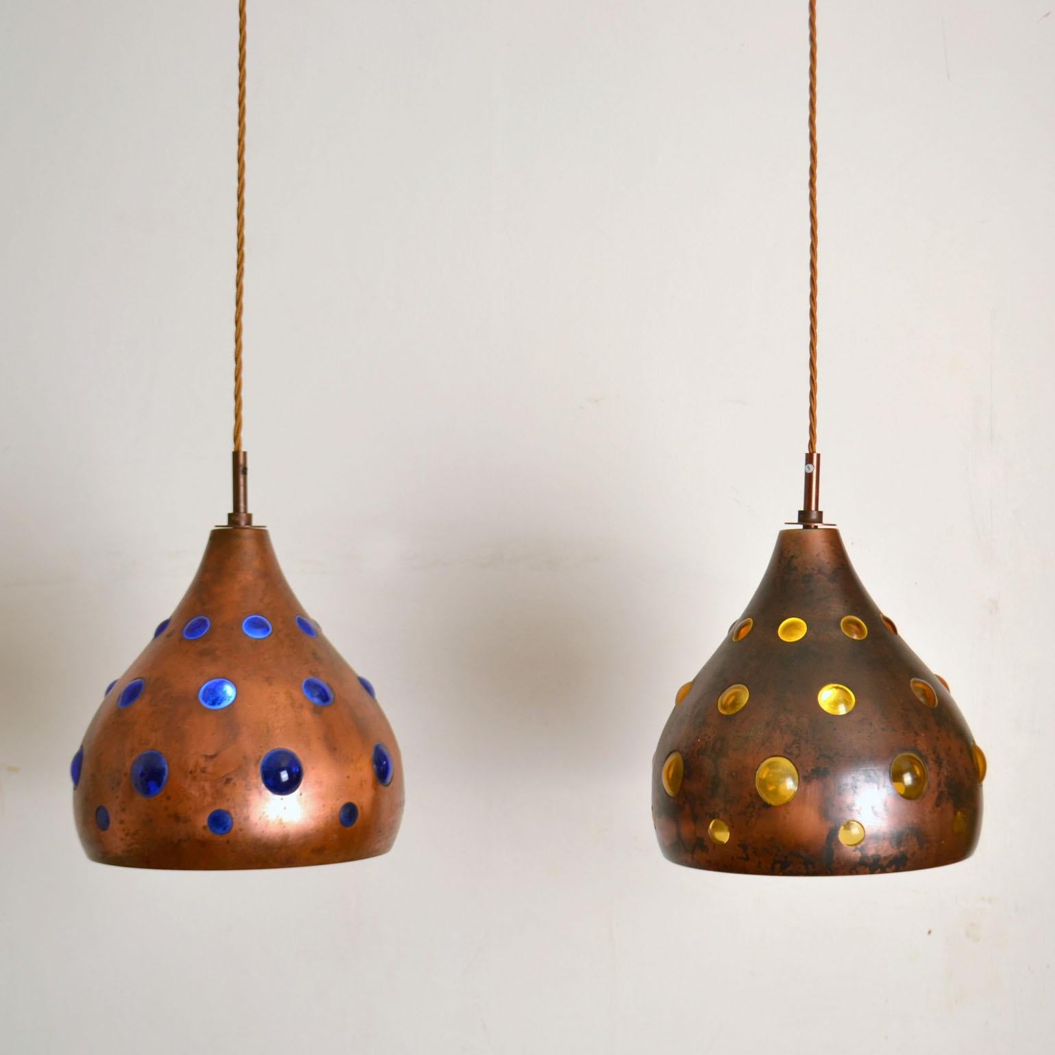 Mid-Century Modern Pair of Copper Nanny Still Lamps with Blue and Amber Blown Glass for Raak 1960's