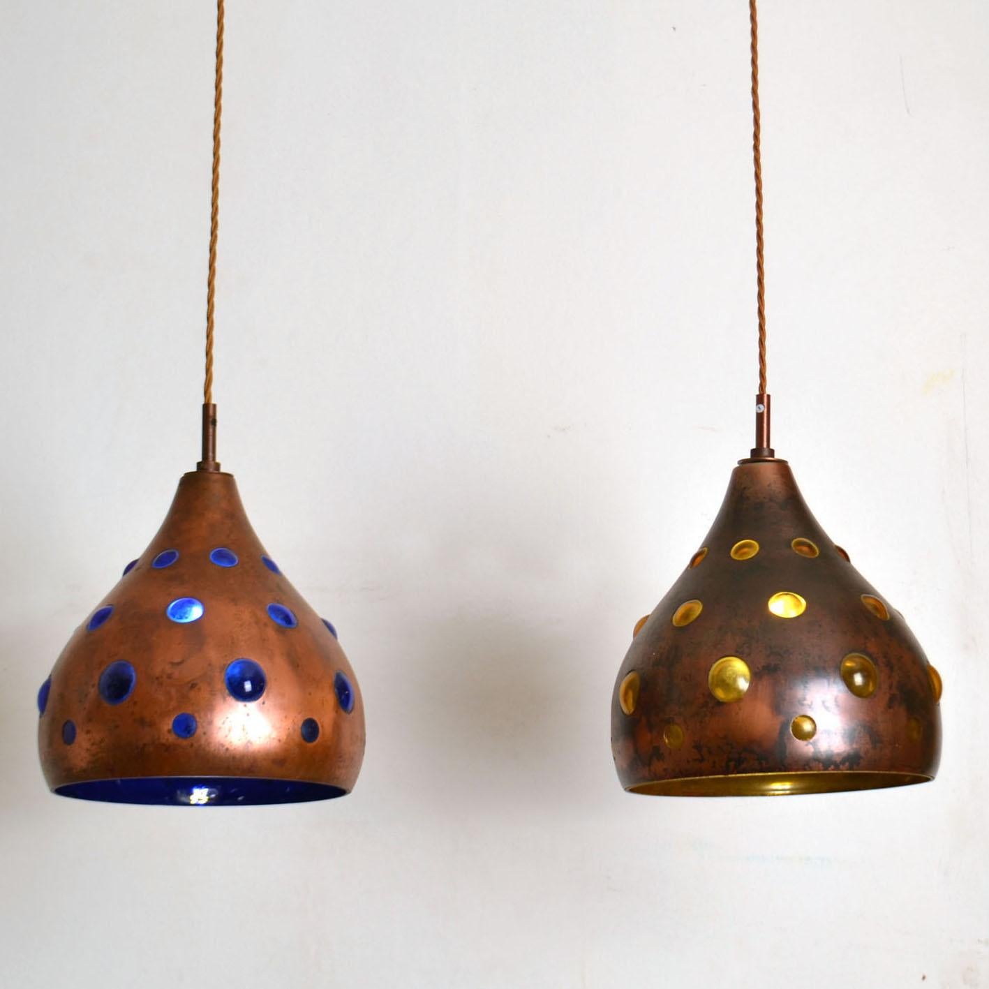 Dutch Pair of Copper Nanny Still Lamps with Blue and Amber Blown Glass for Raak 1960's