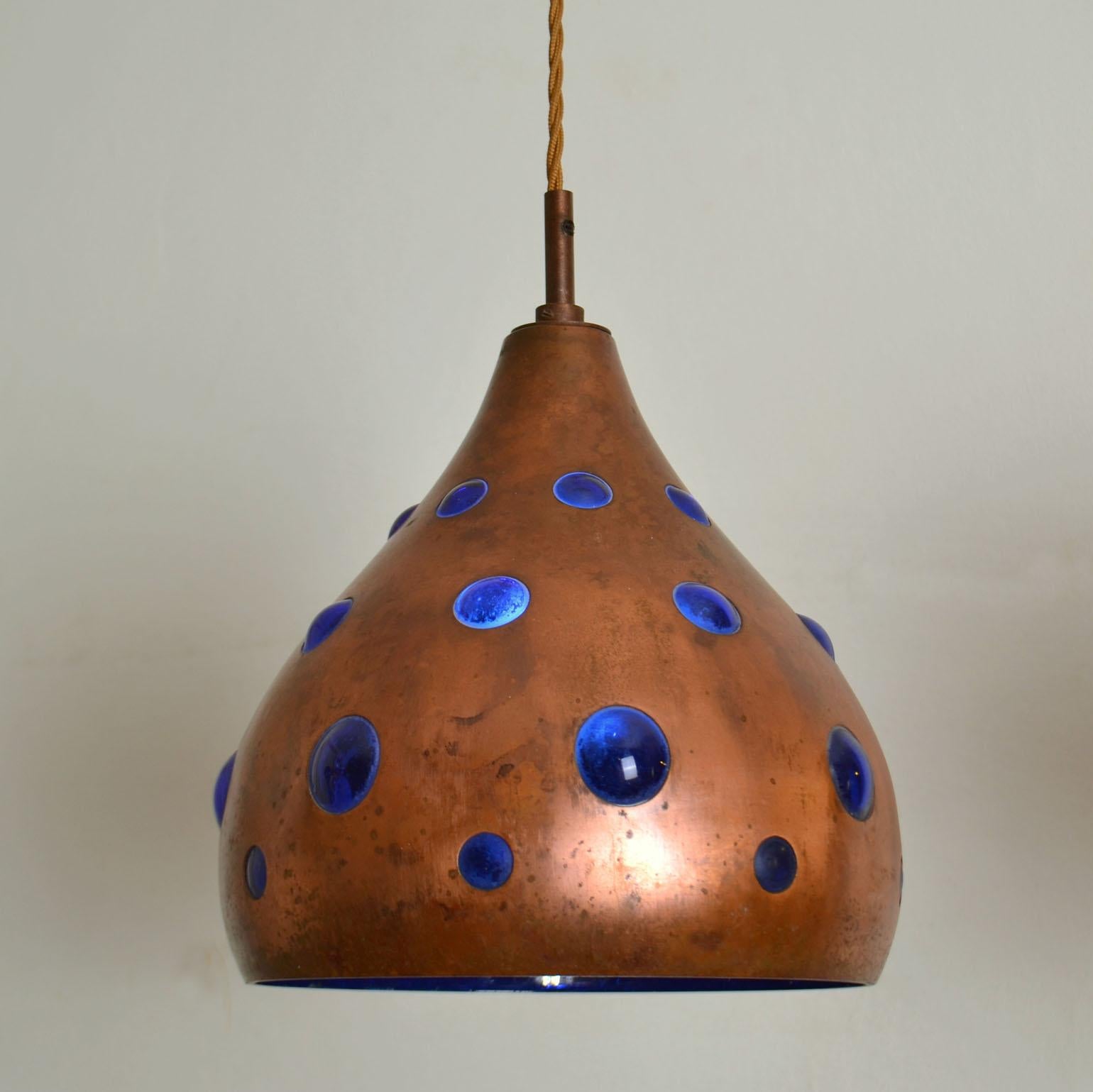 Pair of Copper Nanny Still Lamps with Blue and Amber Blown Glass for Raak 1960's In Excellent Condition In London, GB