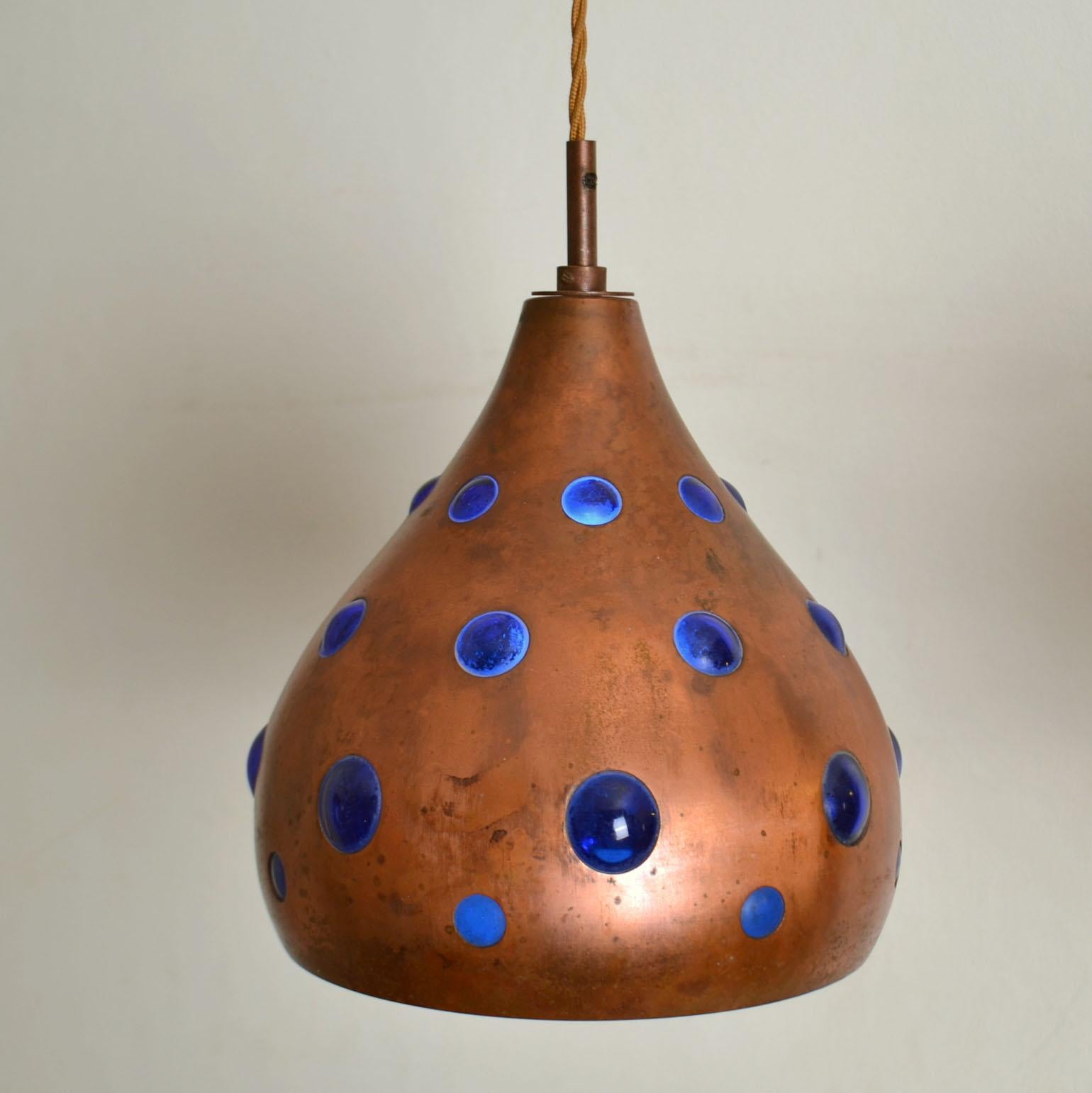 Mid-20th Century Pair of Copper Nanny Still Lamps with Blue and Amber Blown Glass for Raak 1960's
