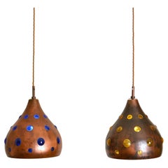 Pair of Copper Nanny Still Lamps with Blue and Amber Blown Glass for Raak 1960's