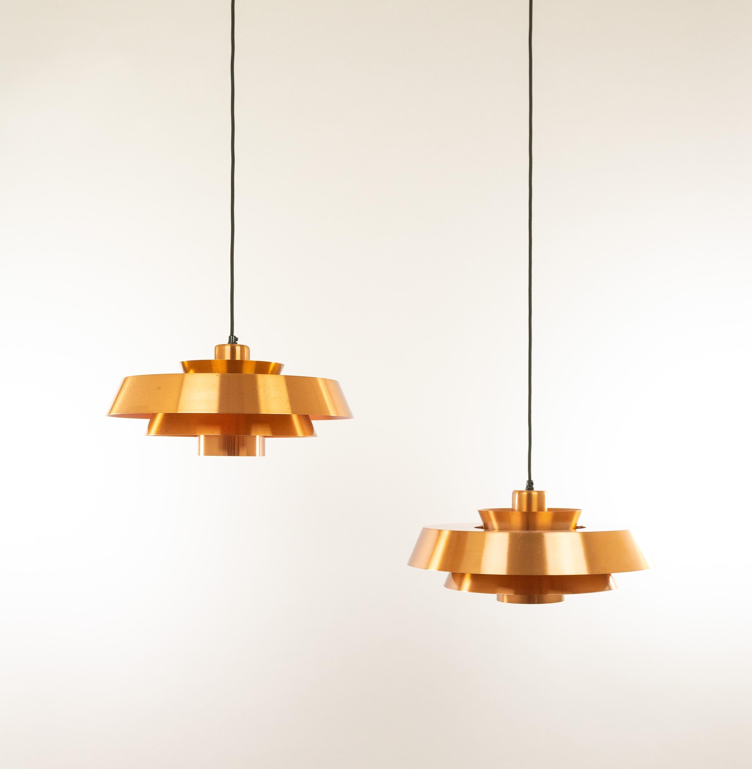 Pendant, model Nova, designed in the 1960s by Jo Hammerborg, main designer of Danish lighting manufacturer Fog & Mørup in the 1960s and 1970s.

This model was produced in three different metals: copper, brass and aluminium. This is the copper