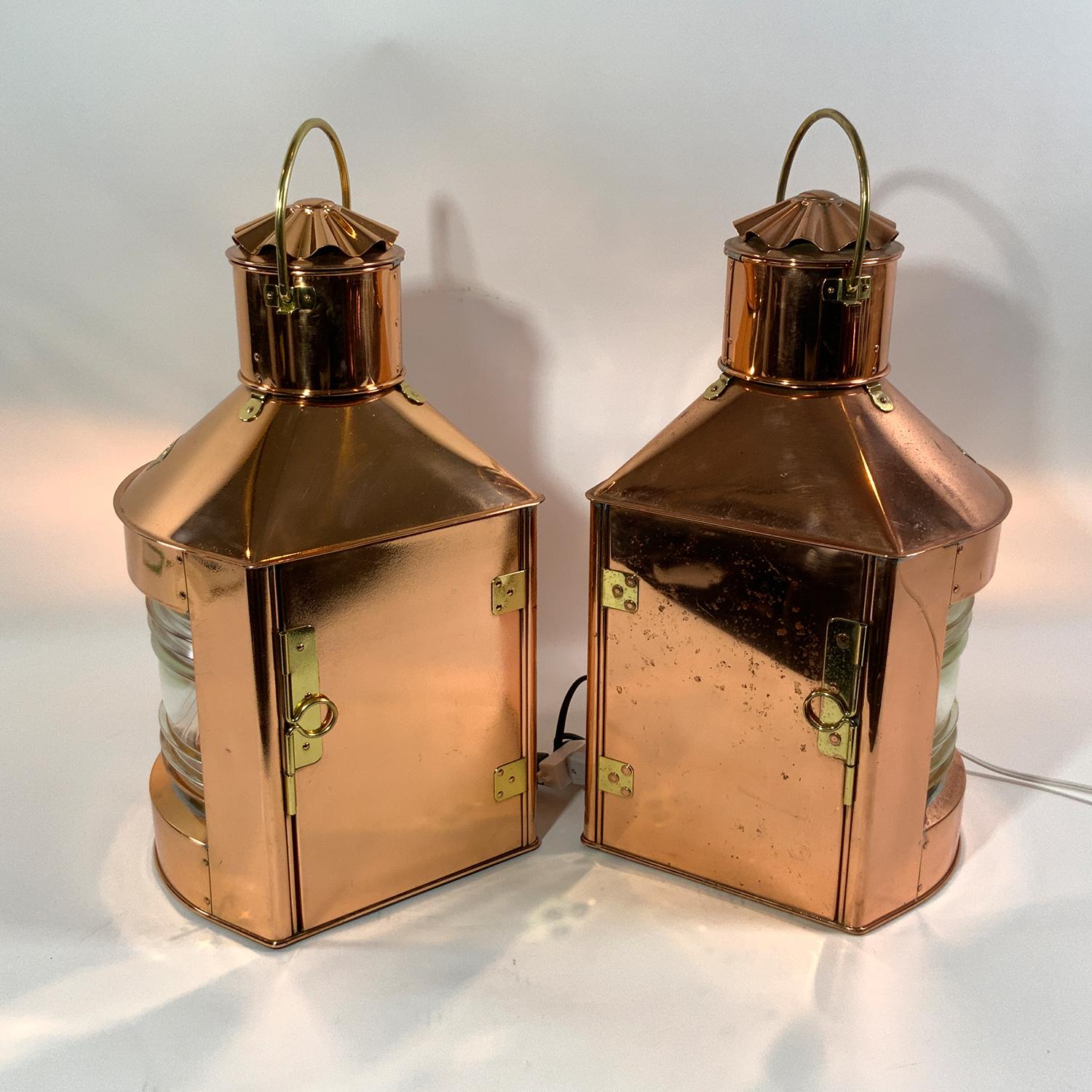 Lacquered Pair of Copper Port and Starboard Ships Lanterns For Sale