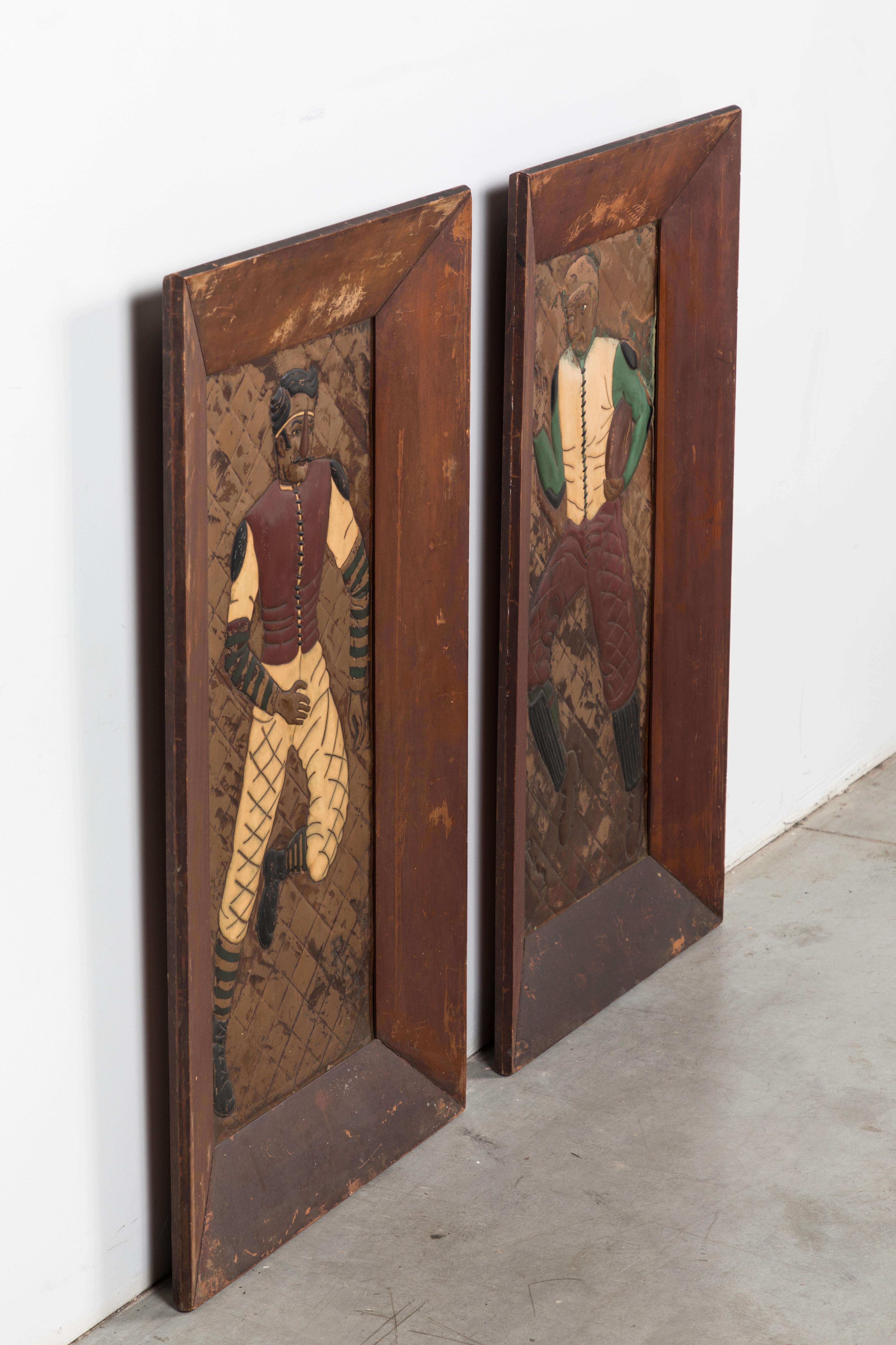 Early 20th Century Pair of Copper Relief Football Player Wall Hangings Period Football Uniforms