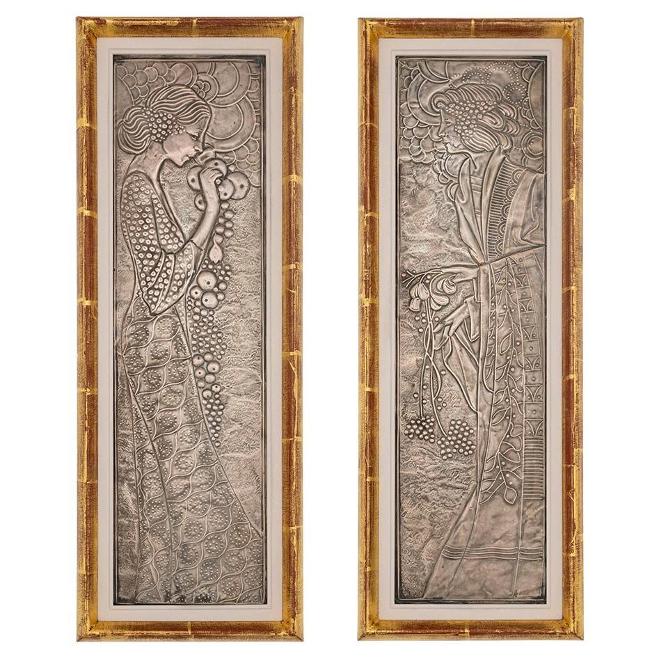 Paire de reliefs en cuivre Dionysos et démètre Georg Klimt vers 1900 plaqué argent