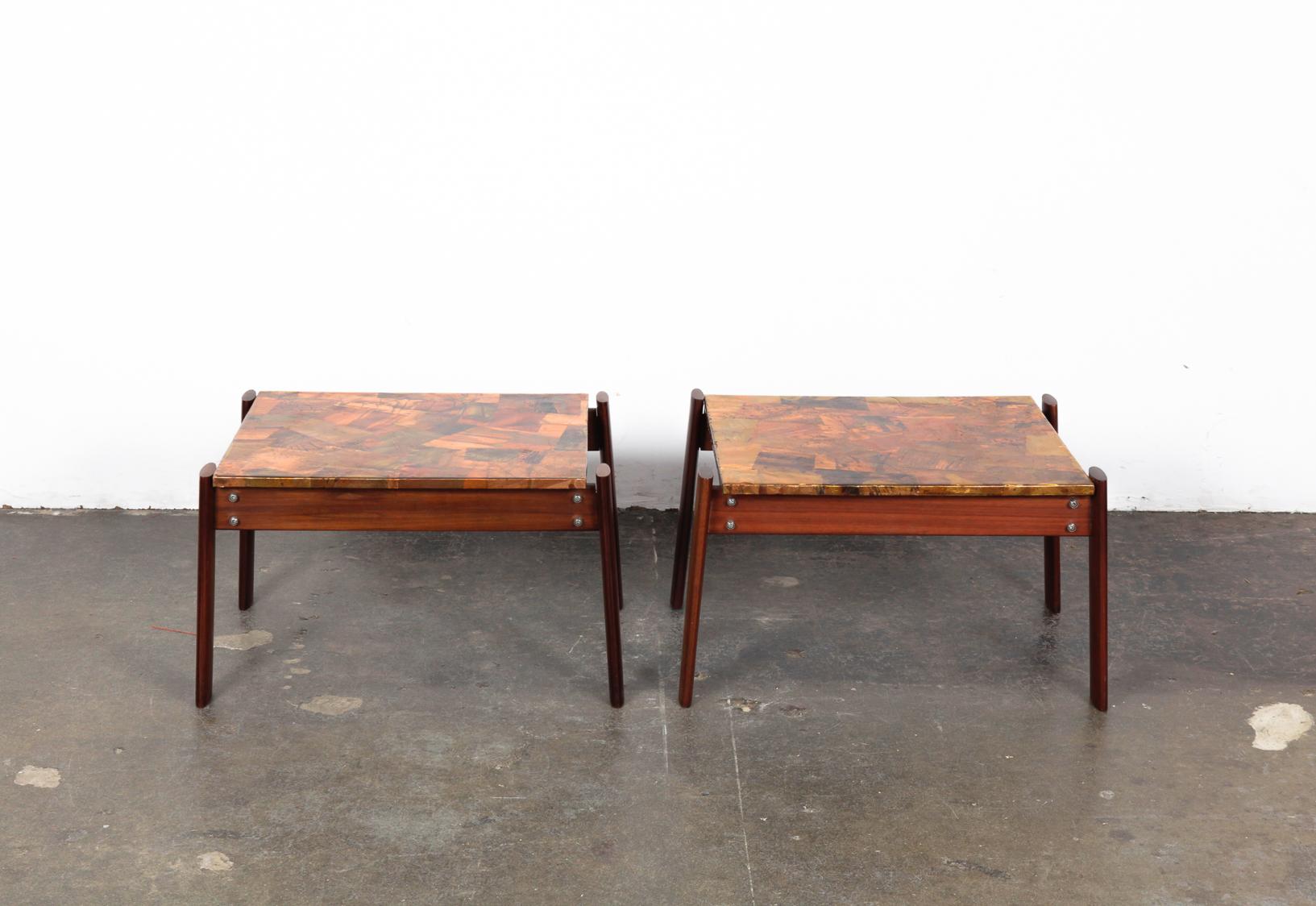 Unique pair of copper top solid imbuia wood end table designed by Percival Lafer and made by Lafer MP, Brazil, 1960s. Very sturdy construction with solid wood frames.
.  