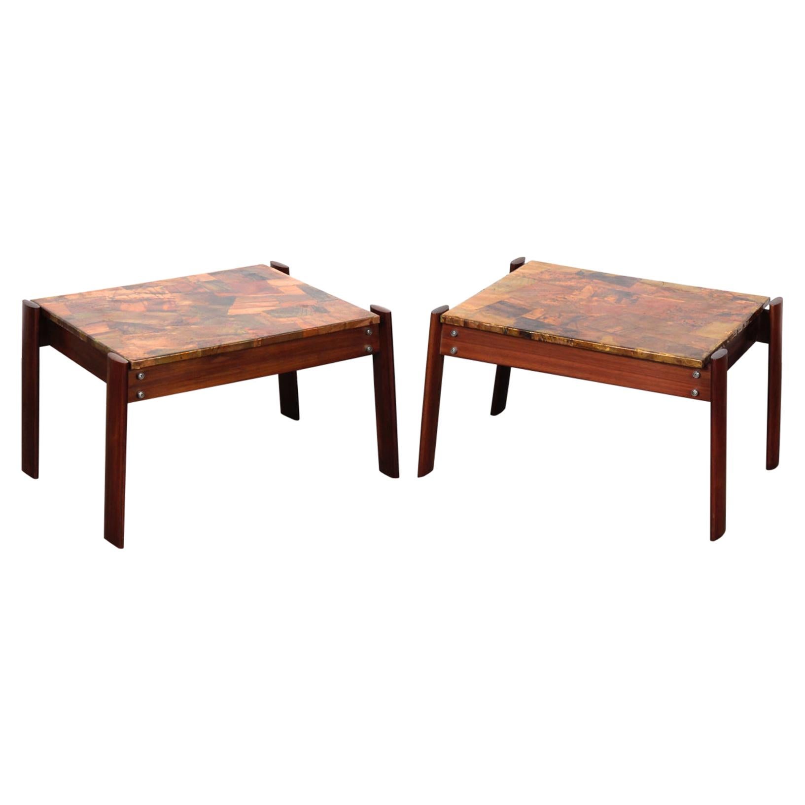 Pair of Copper Top Solid Imbuia Wood End Table Designed by Percival Lafer For Sale