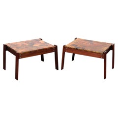 Pair of Copper Top Solid Imbuia Wood End Table Designed by Percival Lafer