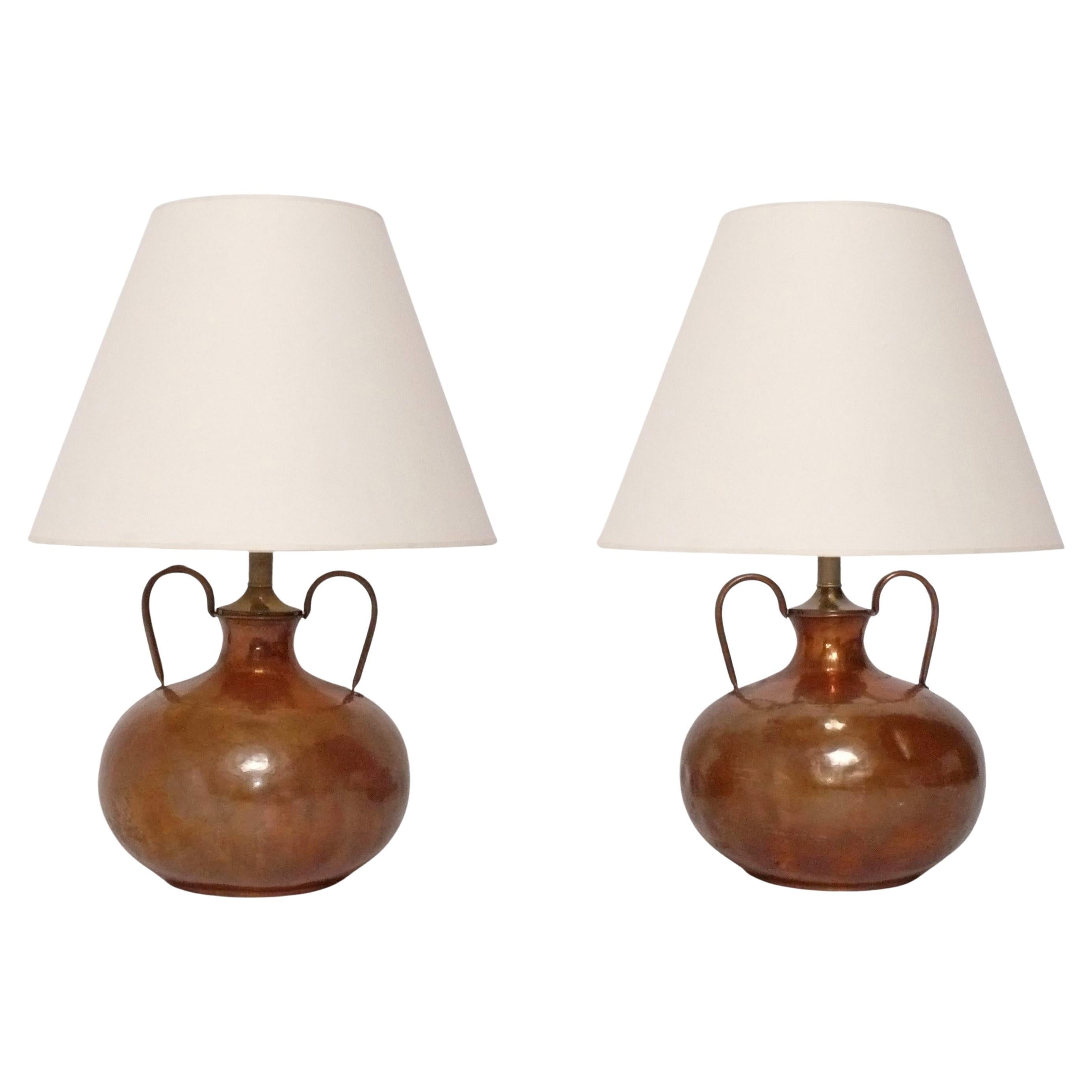 Pair of Copper Urn Lamps Rewired Warm Patina