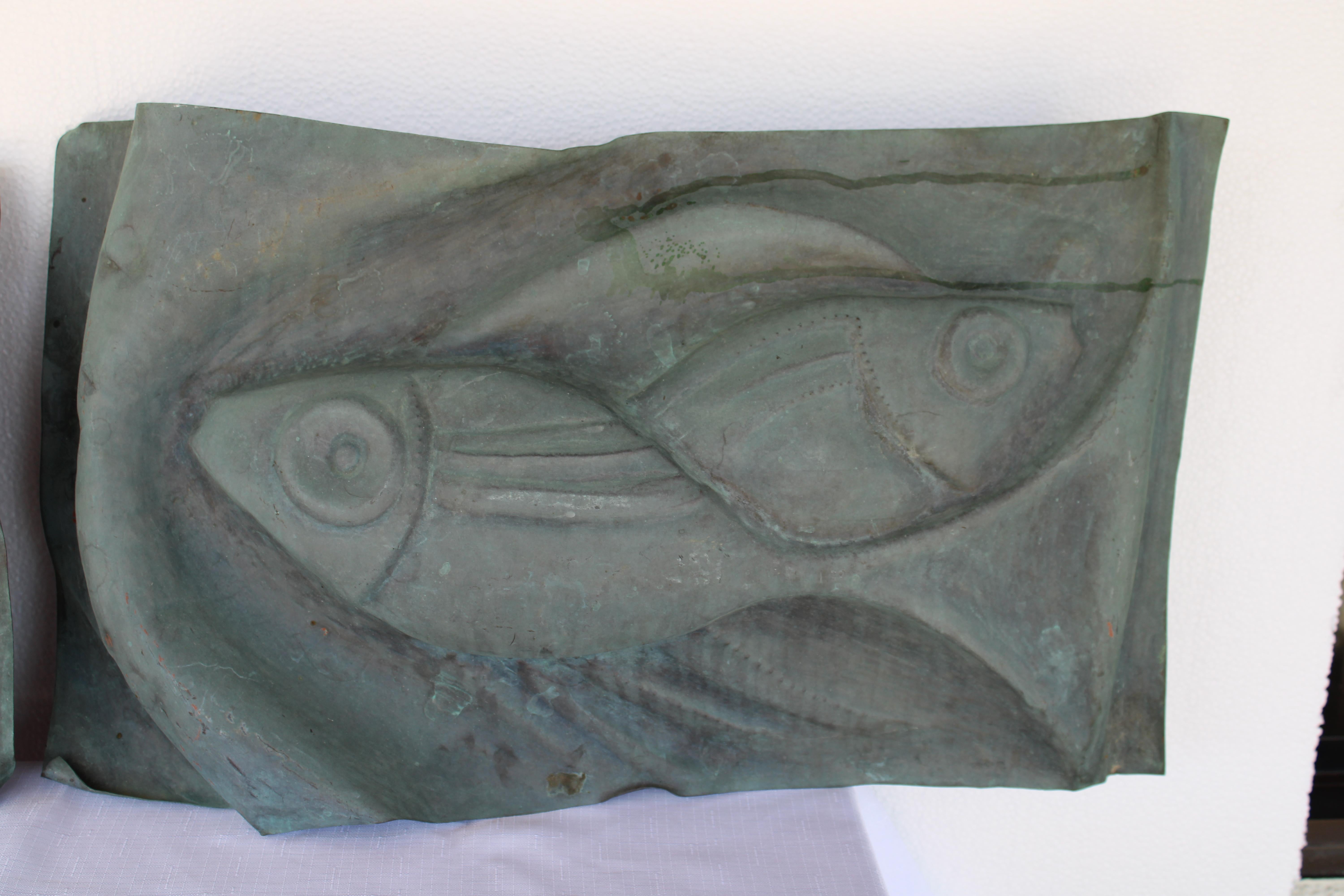 Pair of Copper Wall Sculptures, Fish and Birds For Sale at 1stDibs