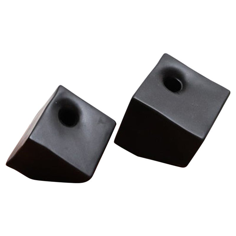 Pair of Cor Unum Matte Black Ceramic Cubic Bud Vases
