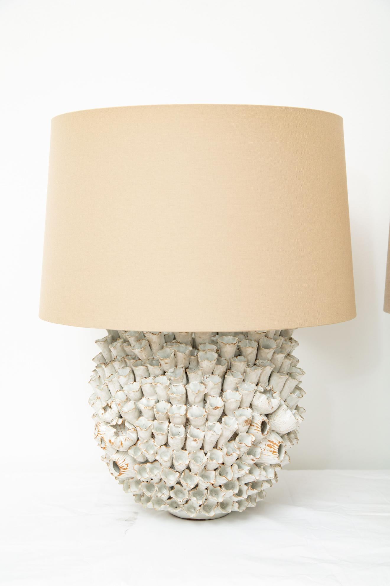 Pair of hand-crafted coral ceramic table lamps, in stock
Base is 12