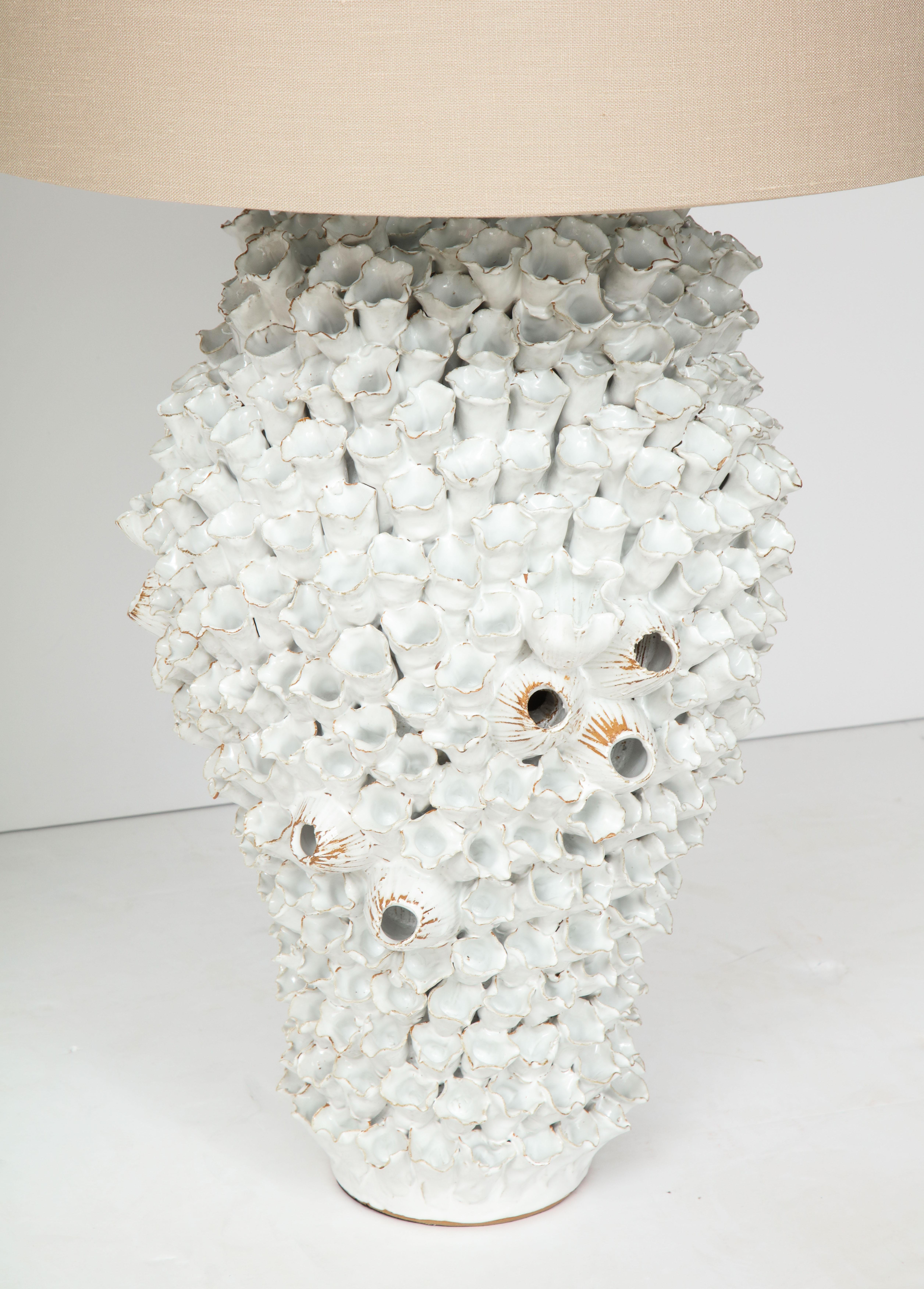 Organic Modern Pair of Coral Ceramic Table Lamps, in Stock